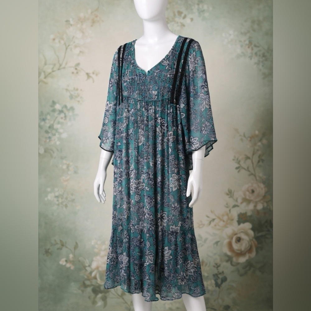 WDNY 100 Silk Boho Chiffon Dress Floral Y2K Peasant 10 VTG Sheer Goth Festival